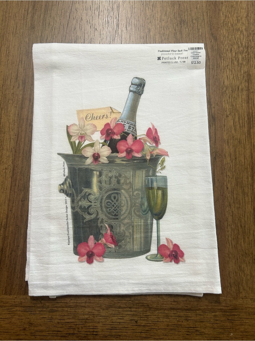 NWT White Tea Towel with Champagne Bucket and Pink Floral Design